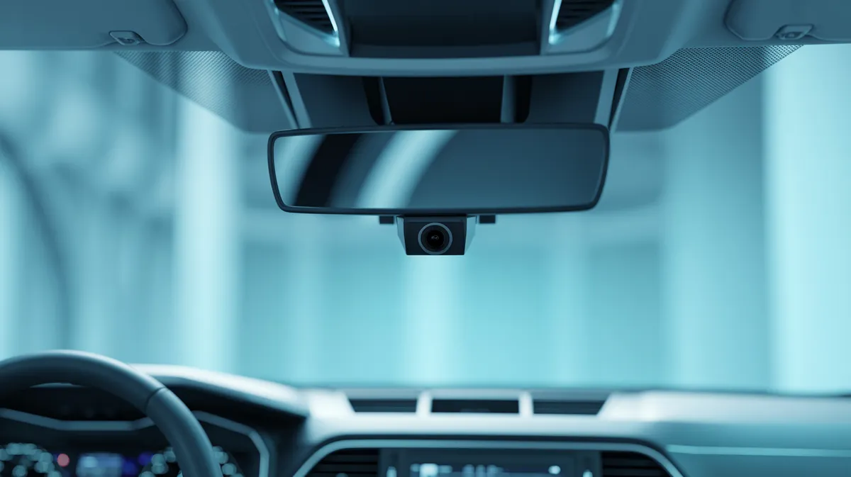 A forward-facing ADAS camera mounted at the top of a car windshield behind the rear-view mirror
