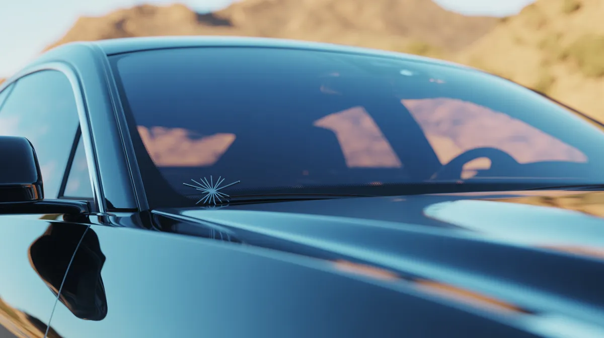 Close-up of a small star-break chip in a car windshield in the Arizona sun