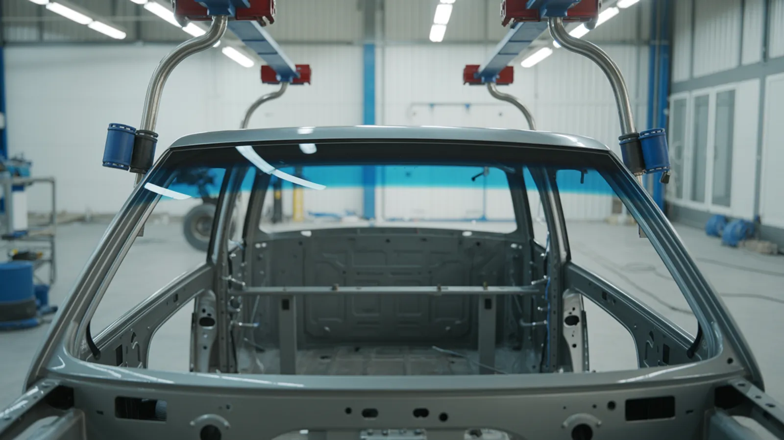 An auto glass technician lowering a new windshield into a vehicle's frame using suction cup handles