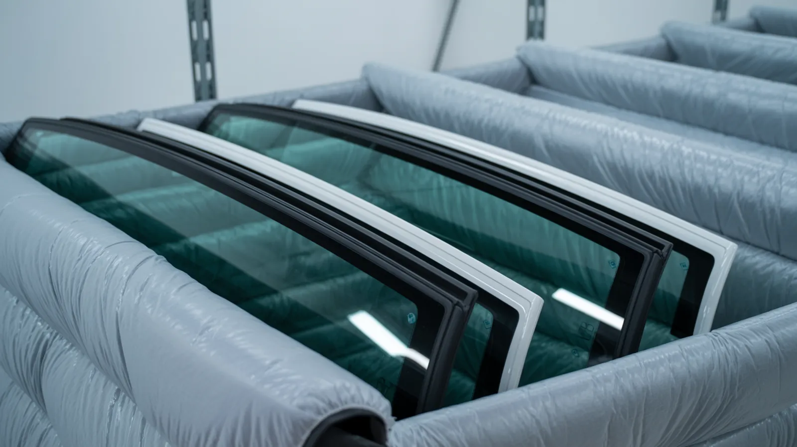 A technician holding the edge of a new laminated windshield with the etched markings visible in the lower corner