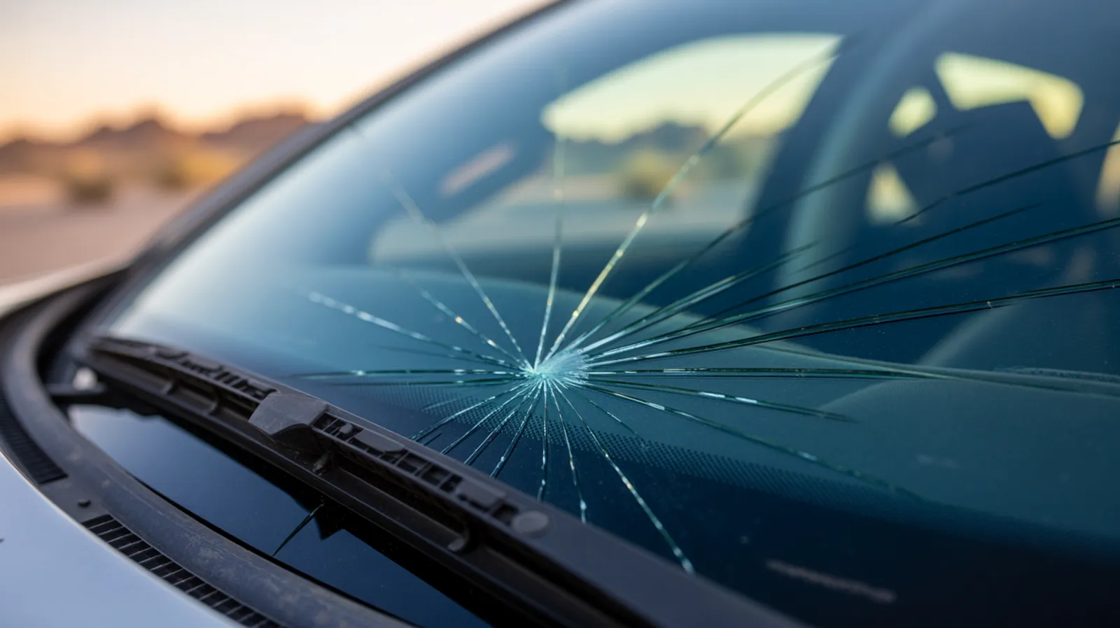 A long crack running from the lower edge of a windshield toward the center of the glass