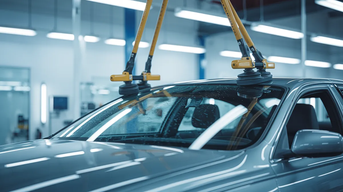 A fresh windshield being lowered onto a sedan with suction tools in a professional auto glass shop