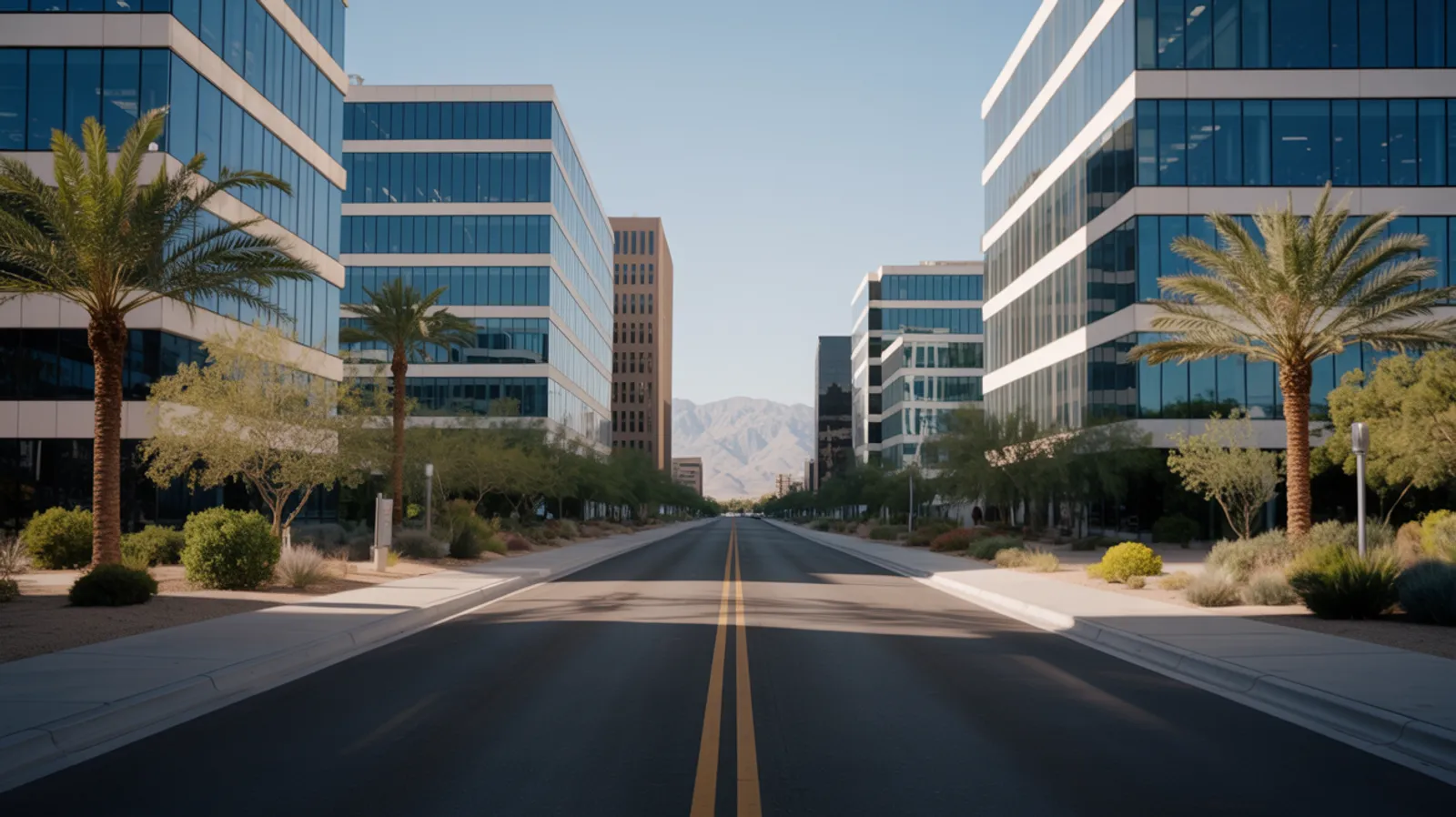 Modern Arizona suburban tech-corridor boulevard at golden hour with desert landscaping