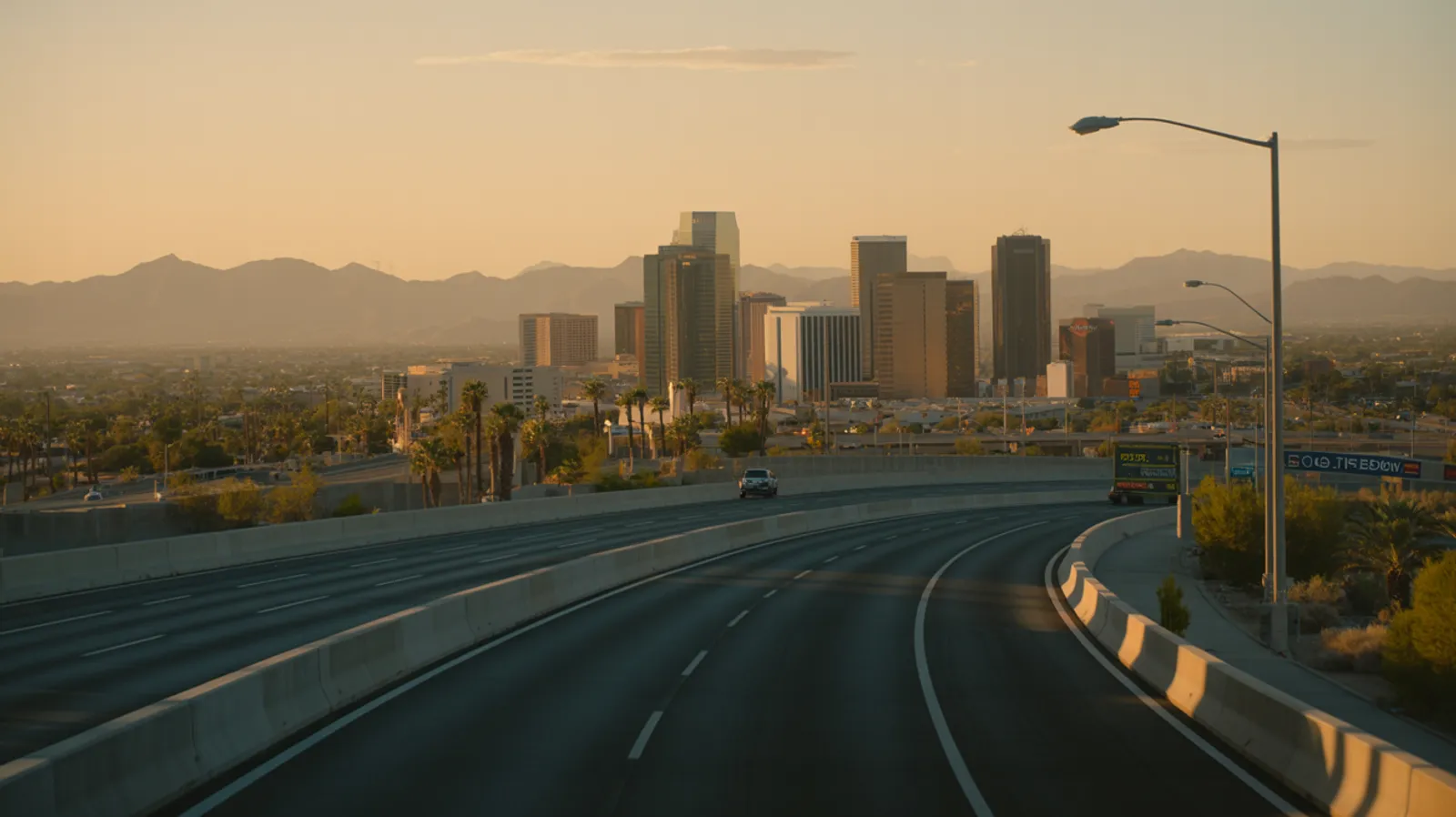 Downtown Phoenix skyline at golden hour beyond a multi-lane urban freeway