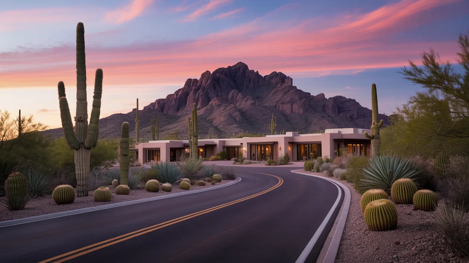 Upscale Sonoran desert road at dusk with the McDowell mountain range behind