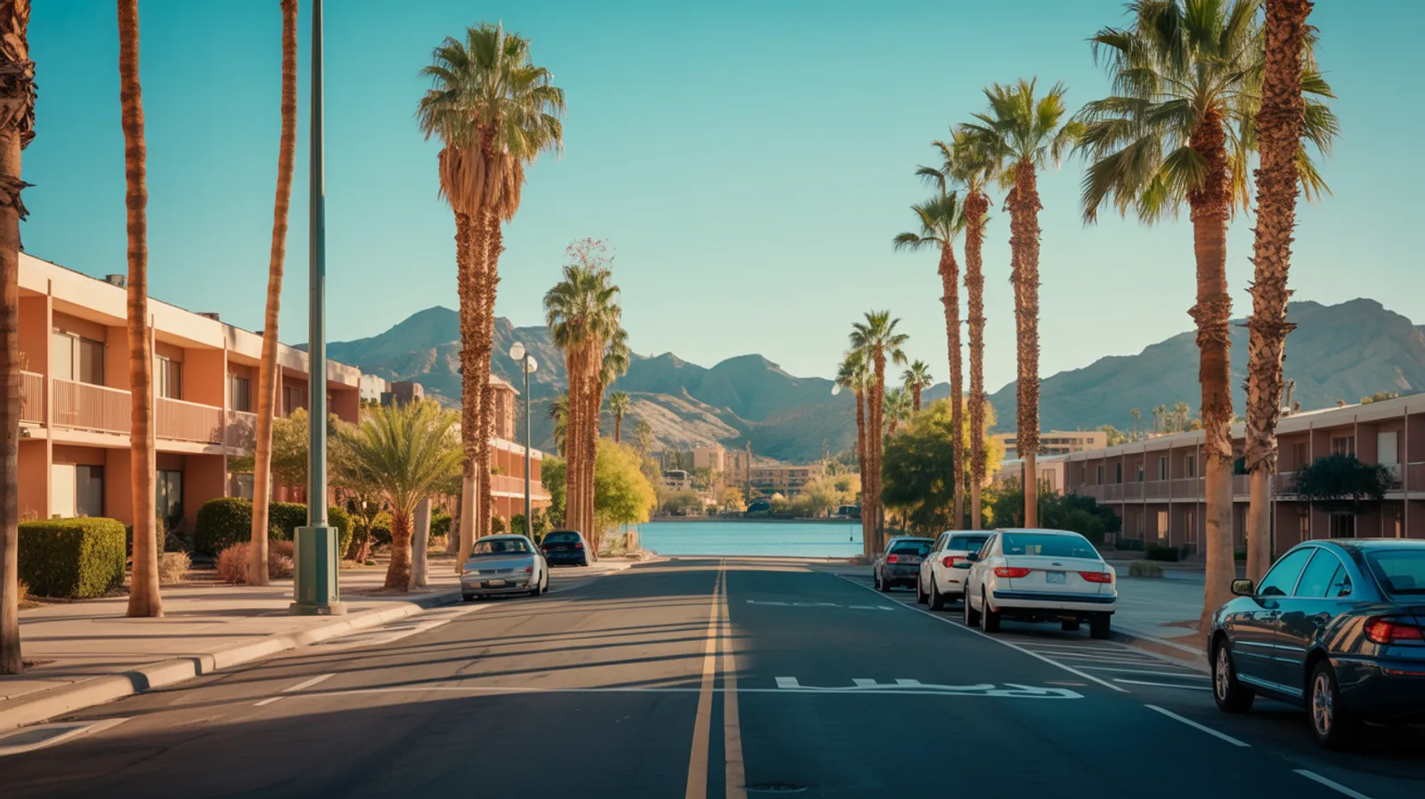 Sunlit palm-lined Arizona university-town street beside a desert lake