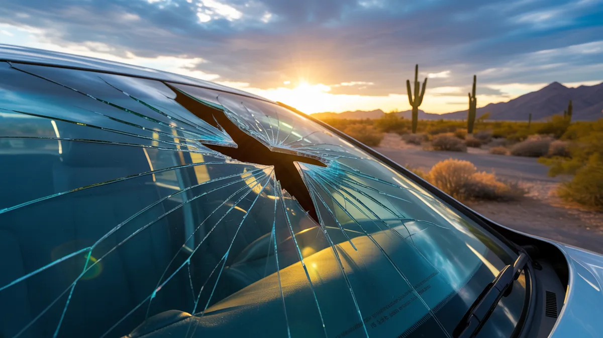 A crack spreading across a car windshield under the intense Arizona desert sun