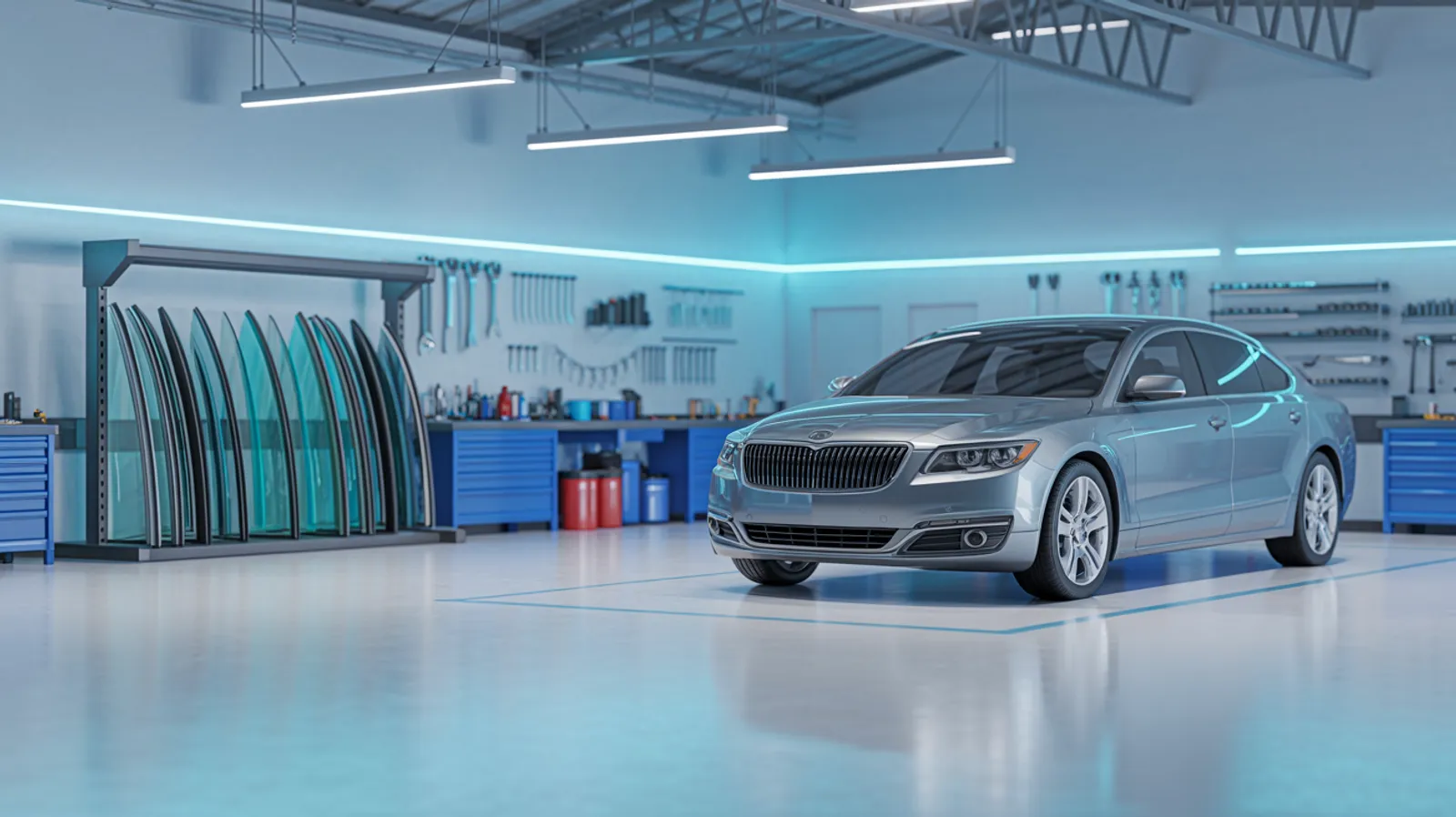 Clean, modern auto glass shop bay with windshield glass on a rack
